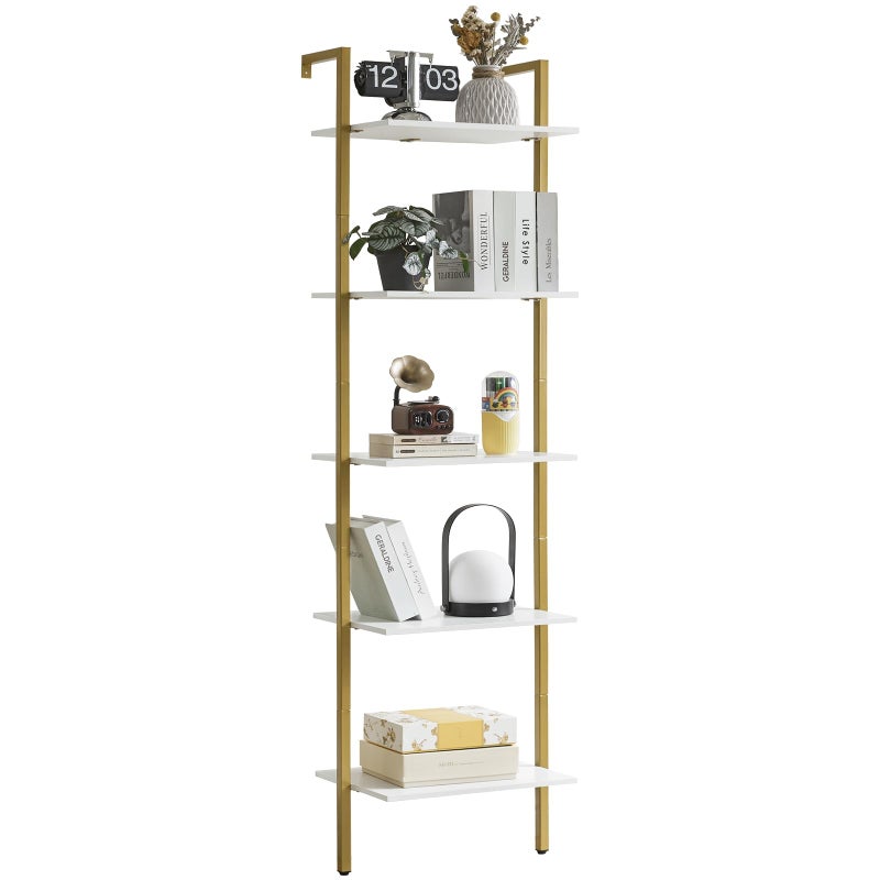 YMYNY Bookshelf Wall Mounted Ladder Shelf 5Tier Bookcase Rack Storage Unit with Metal Frame Industrial Floating Wall Shelf for Living Room Kitchen Office 4030178CM White HBC015W