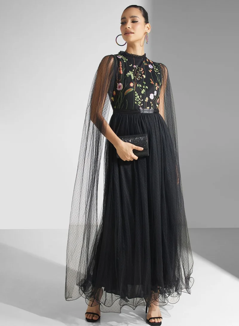 Golden Apple Embroidered Mesh Tiered Dress