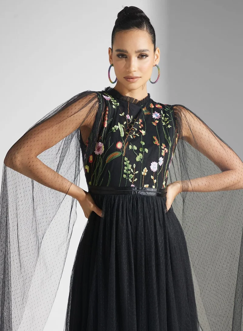 Golden Apple Embroidered Mesh Tiered Dress