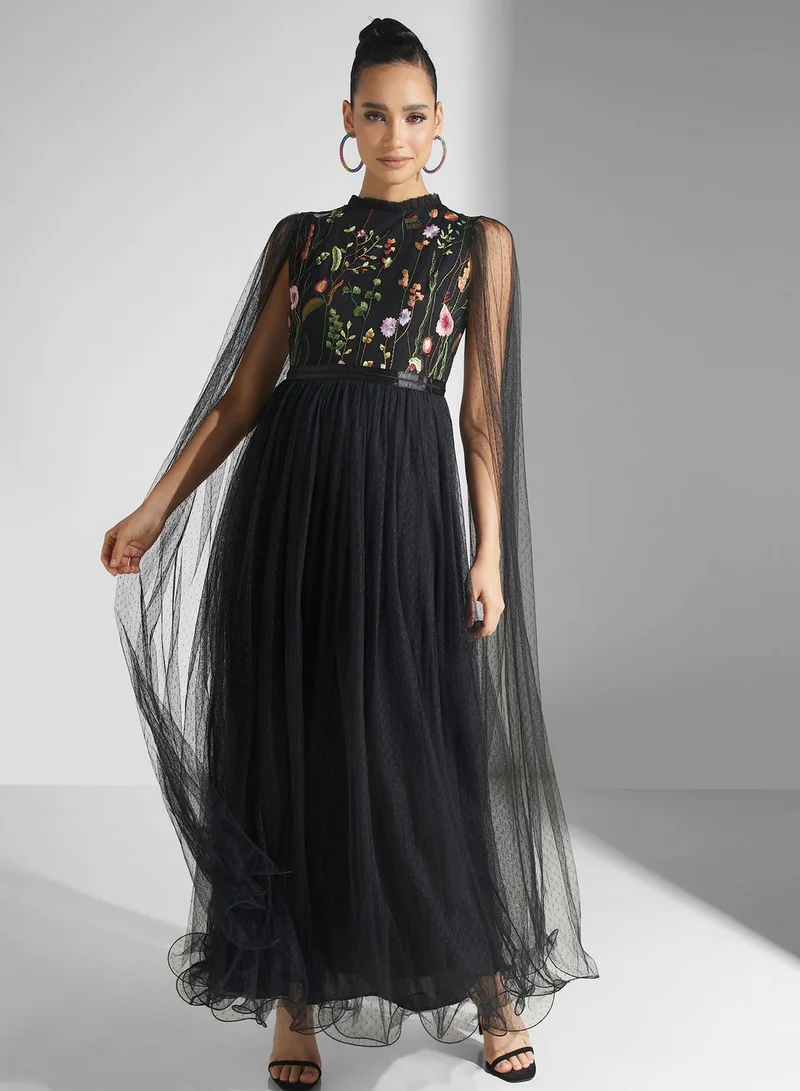 Golden Apple Embroidered Mesh Tiered Dress