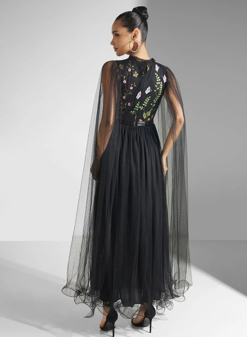 Golden Apple Embroidered Mesh Tiered Dress