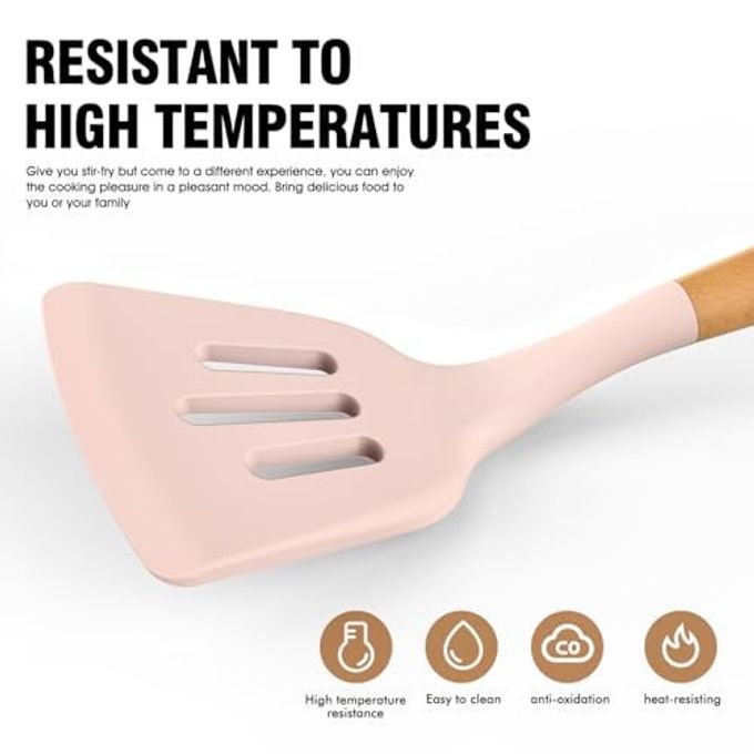 AVGPD Silicone Cooking Utensils Set Silicone Kitchen Utensils for Cooking Wooden Handles, 446F Heat Resistant Kitchen Utensil Spatula Sets w Holder, Gadgets for Non-Stick Cookware BPA FREE (Multicolour) - Image 2
