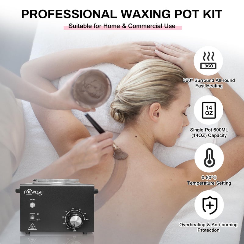AOWOSA Professional Waxing Kit Wax Warmer Single Pot Wax Heater Machine for Hair Removal, Large Waxing Pot with Non-Stick Easy Clean Pot, 50 Sticks & 20 Collar, for Spa Salon Beauty Esthetician Home (Black) - Image 2