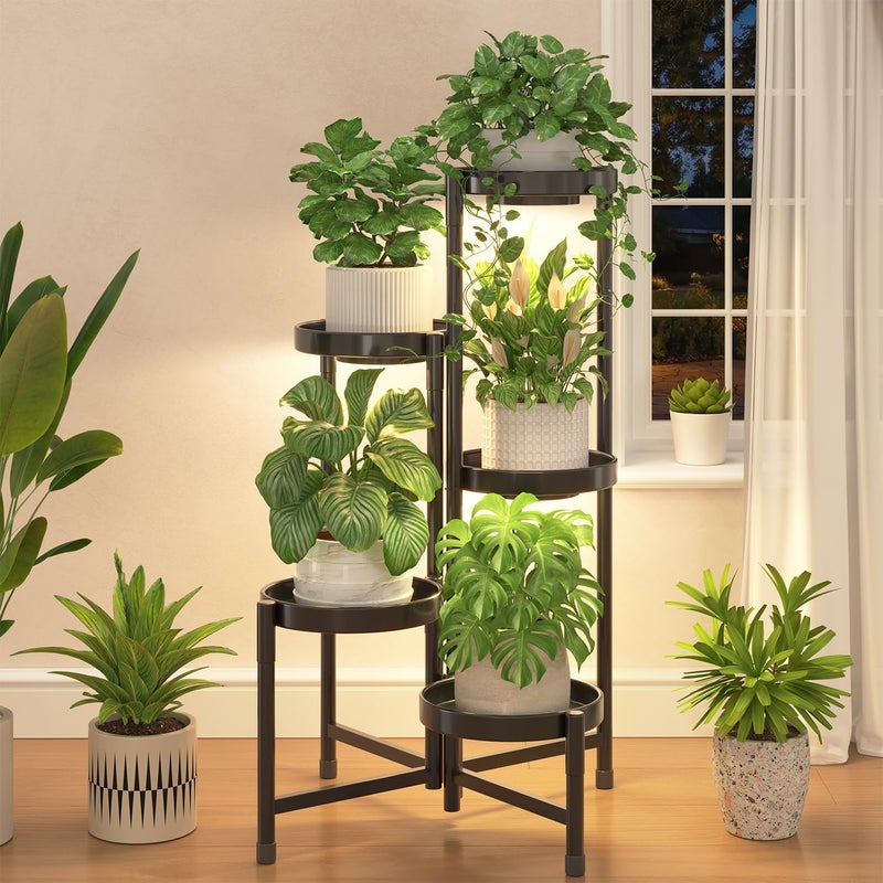 iDavosic.ly Plant Stand Indoor with Grow Light, 5 Tier Corner Metal Flower Display Holder Shelf, Easy Assembly Folding Tall Orchid Rack for Patio Balcony Porch Garden Living Room House, Black - Image 1