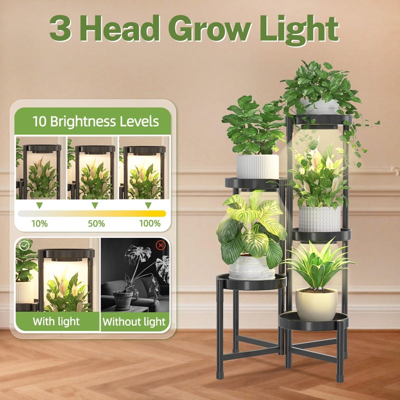 iDavosic.ly Plant Stand Indoor with Grow Light, 5 Tier Corner Metal Flower Display Holder Shelf, Easy Assembly Folding Tall Orchid Rack for Patio Balcony Porch Garden Living Room House, Black - Image 5