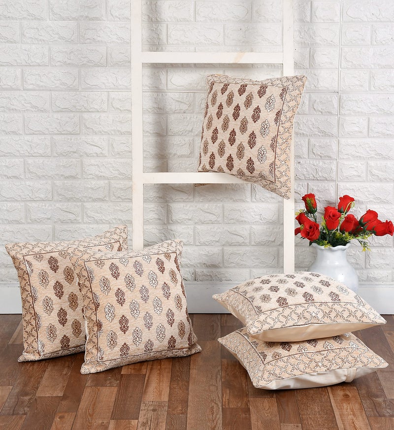 LOOMLYFE Jacquard Geomteric Cushion Covers 16 Inch X 16 Inch Set Of 5 Ethnic Motifs 240 TC Cushion Covers,Design- Ambi,Color- Beige - Image 2