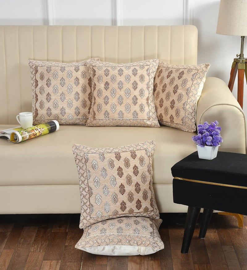 LOOMLYFE Jacquard Geomteric Cushion Covers 16 Inch X 16 Inch Set Of 5 Ethnic Motifs 240 TC Cushion Covers,Design- Ambi,Color- Beige - Image 1