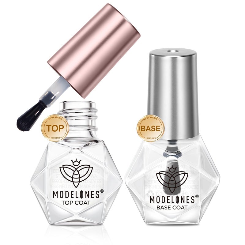 modelones 2 Pcs No Wipe Top Coat and Base Coat Nail Polish Set, Clear Quick Dry Nail Polish High Shine Long Lasting Glossy Regular Nail Lacquer Air Dry Fast Base Top Coat Gifts for Women Nail Art 5 ML - Image 1