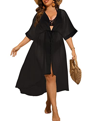 SWOMOG Women Cover Ups Plus Size Swimsuit Chiffon Kimono Long Cardigan Open Front Bathing Suit Summer Flowy Bikini Beachwear Black - Image 1
