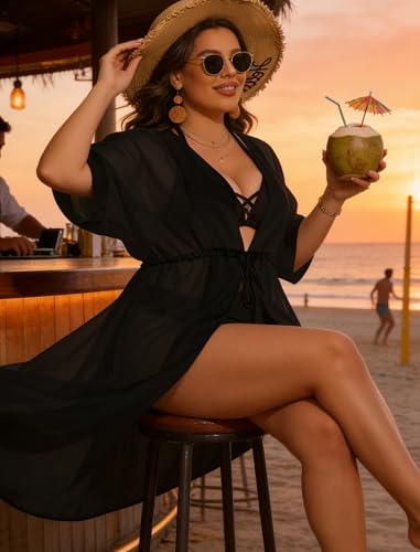 SWOMOG Women Cover Ups Plus Size Swimsuit Chiffon Kimono Long Cardigan Open Front Bathing Suit Summer Flowy Bikini Beachwear Black - Image 2