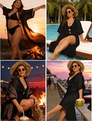 SWOMOG Women Cover Ups Plus Size Swimsuit Chiffon Kimono Long Cardigan Open Front Bathing Suit Summer Flowy Bikini Beachwear Black - Image 4