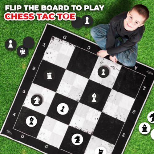 SWOOC Games - 3-in-1 Giant Chess, Checkers, & Chess Tac Toe Game with Mat (4ft x 4ft) - Machine-Washable Canvas & 5" Big Foam Discs - Giant Chess Set Outdoor & Checkers Board Game for Adults & Kids - Image 3