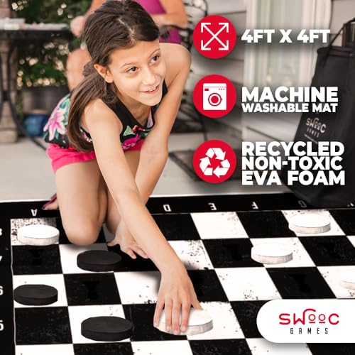 SWOOC Games - 3-in-1 Giant Chess, Checkers, & Chess Tac Toe Game with Mat (4ft x 4ft) - Machine-Washable Canvas & 5" Big Foam Discs - Giant Chess Set Outdoor & Checkers Board Game for Adults & Kids - Image 4