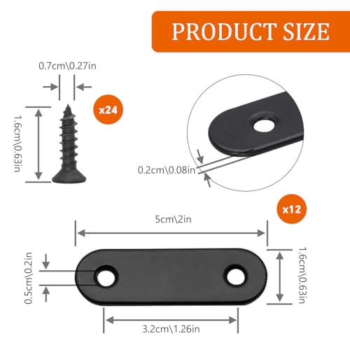 Serplex® 12Pcs Flat Plate Straight Brackets with Screws, Flat Brace Bracket Stainless Steel Mending Joining Plates for Wood, Board, Bed Frame, Furniture & Shelves, 50mm, Black - Image 2