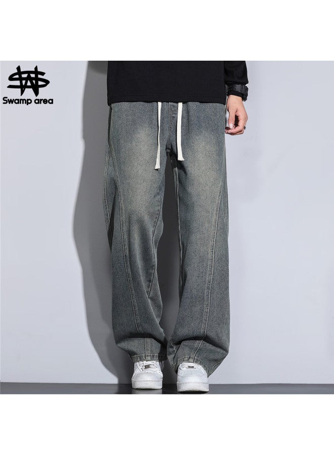 Swamp Area American High Street Curved Blade Pants Men Spring Autumn Vintage Loose Straight Trendy Jeans K160 Nostalgic Blue 3XL - Image 1