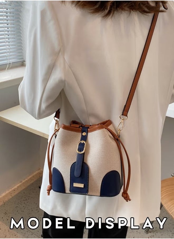 MIXDE - Women's Canvas Pu Leather Patchwork Bucket Crossbody Bag Large Capacity Drawstring Design With Adjustable Shoulder Strap Shoulder Bag - Image 1
