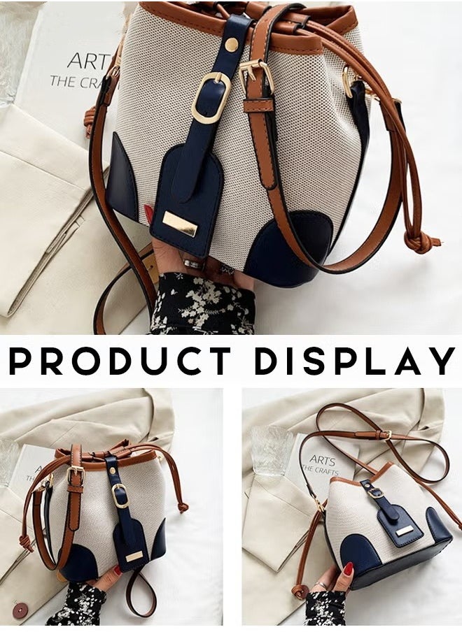 MIXDE - Women's Canvas Pu Leather Patchwork Bucket Crossbody Bag Large Capacity Drawstring Design With Adjustable Shoulder Strap Shoulder Bag - Image 1