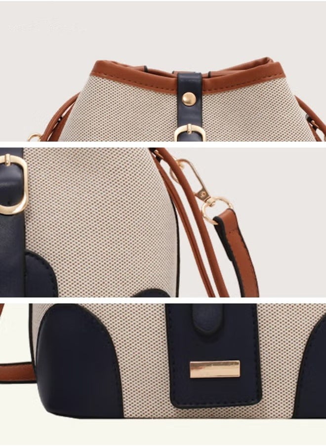 MIXDE - Women's Canvas Pu Leather Patchwork Bucket Crossbody Bag Large Capacity Drawstring Design With Adjustable Shoulder Strap Shoulder Bag - Image 1