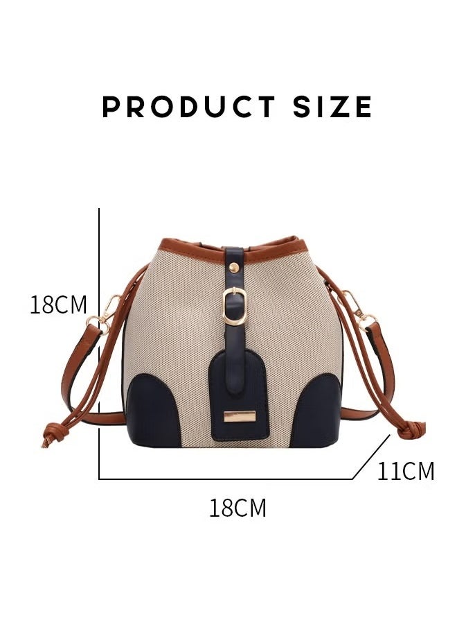 MIXDE - Women's Canvas Pu Leather Patchwork Bucket Crossbody Bag Large Capacity Drawstring Design With Adjustable Shoulder Strap Shoulder Bag - Image 1
