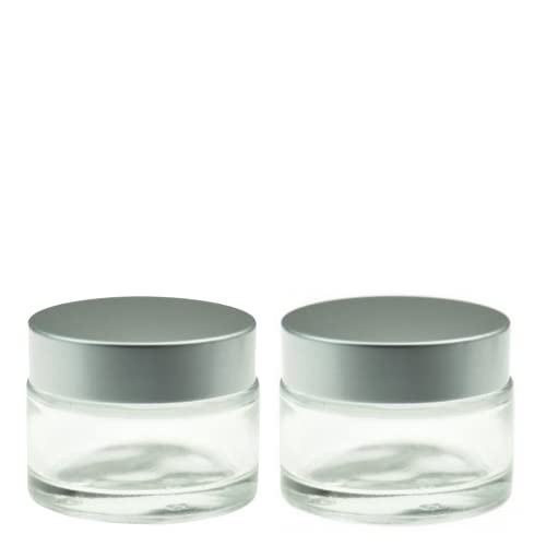 Devinez Multipurpose (Pack of 2) Round Clear Glass Cosmetic Jars,50gm with Inner Liners and Silver Lids, Travel Jars, Refillable for Makeup, Cream, Lotion, Sugar Scrubs, Eye Shadow Paint, Jewelry - Image 1
