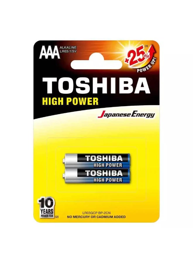 Toshiba Vibration Resistance High Power Alkaline AAA Battery, LR03 1.5V- Pack of 2 pcs