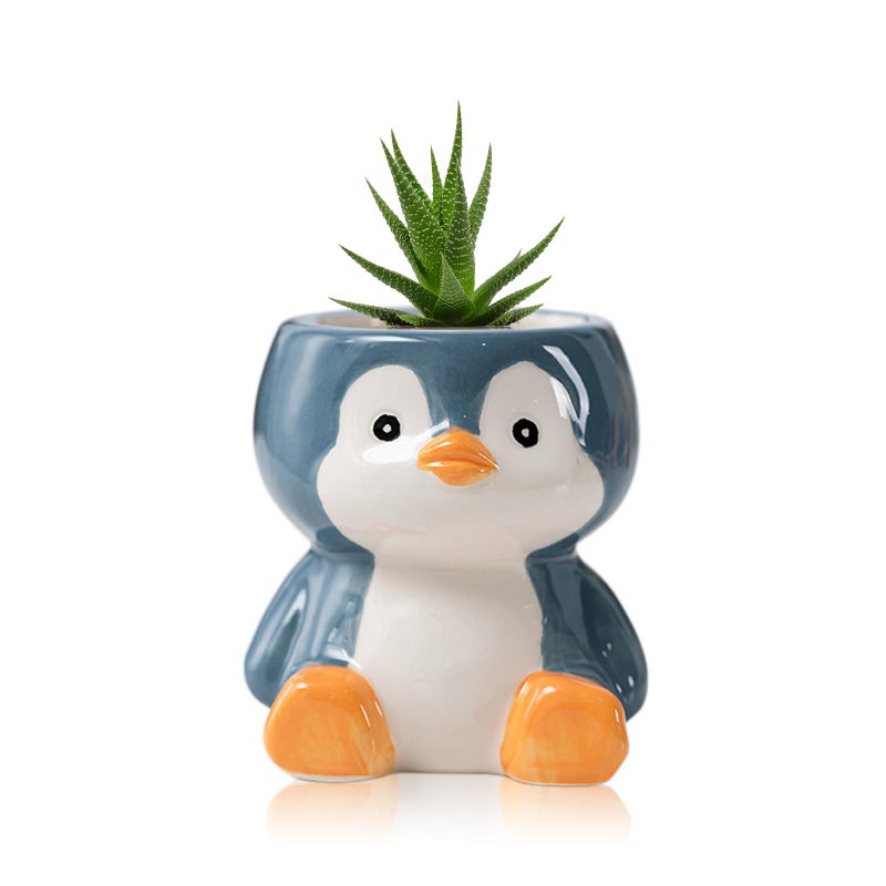 DIYOMR Cute Animals Planter Mini Ceramic Cartoon Animal Shaped Succulent Flower Pot Indoor Air Plants Holder Smooth Shiny Decorative Flower Cactus Planter Plants Not Included Penguin
