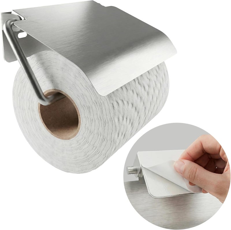 Minismus toilet roll holder with cover, keeps the roll dry and clean, holder including strong adhesive for mounting without drilling and wall screws for secure attachment (silver) - Image 1