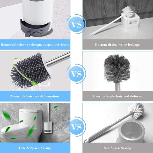 NORIDY Pack of 2 Silicone Toilet Brush with Holder Stand, Quick Drying Toilet Bowl Cleaner Brush and Stand, Pot Commode Bathroom Tile Cleaning Scrubber Brushes - Image 4