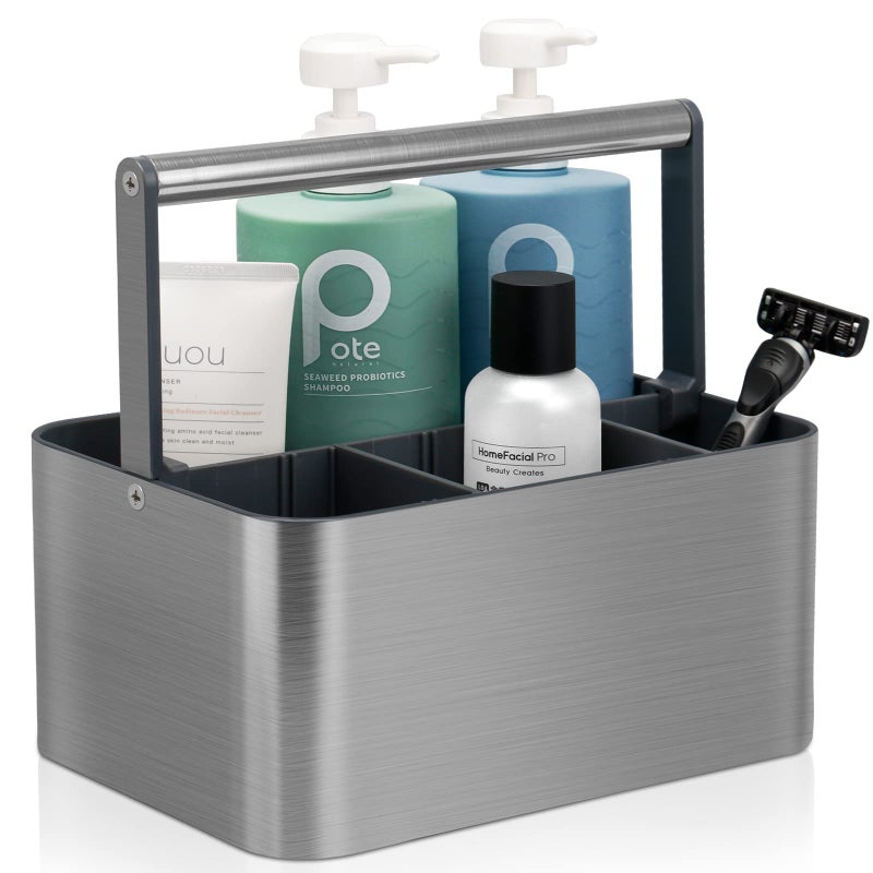 BYUNER Portable Shower Caddy Dorm Compact Bathroom Caddy Organizer with Handle Adjustable Dividers Hard Plastic Shower Basket Storage Tote for Toiletry College Dorm Room Essentials for Men Gray