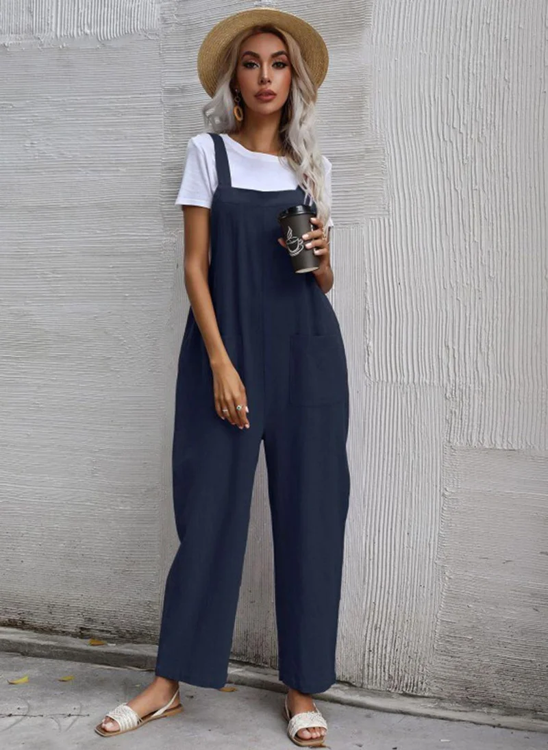 YUNIQEE Navy Blue Shoulder Strap Basic Jumpsuit
