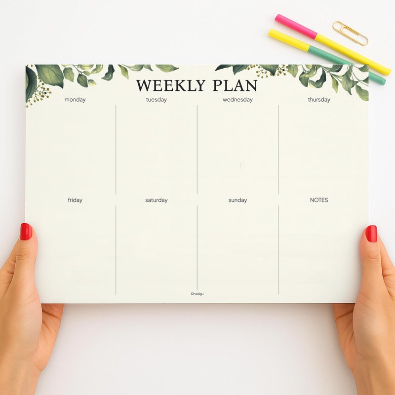 HADIGU Weekly Planner Notepad, Undated Tear Off Weekly To Do List Notepad, 11.5" x 8", Eucalyptus Design on Cream Base, Premium Thick Paper and Cardboard Back Support, Desk Planner for Work, Office and Home. - Image 3