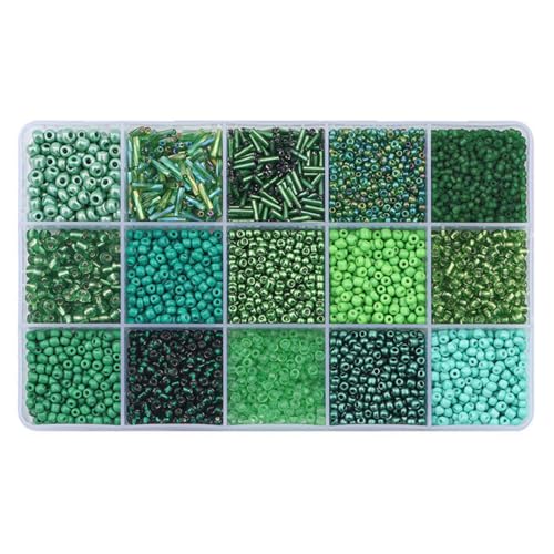Basigeese Mix 15 Color Glass Seed Beads Tube Beads Glass Bugle Beads Loose Kit for Jewelry Making DIY Craft Beading (Mix 15 Color, Green) - Image 1