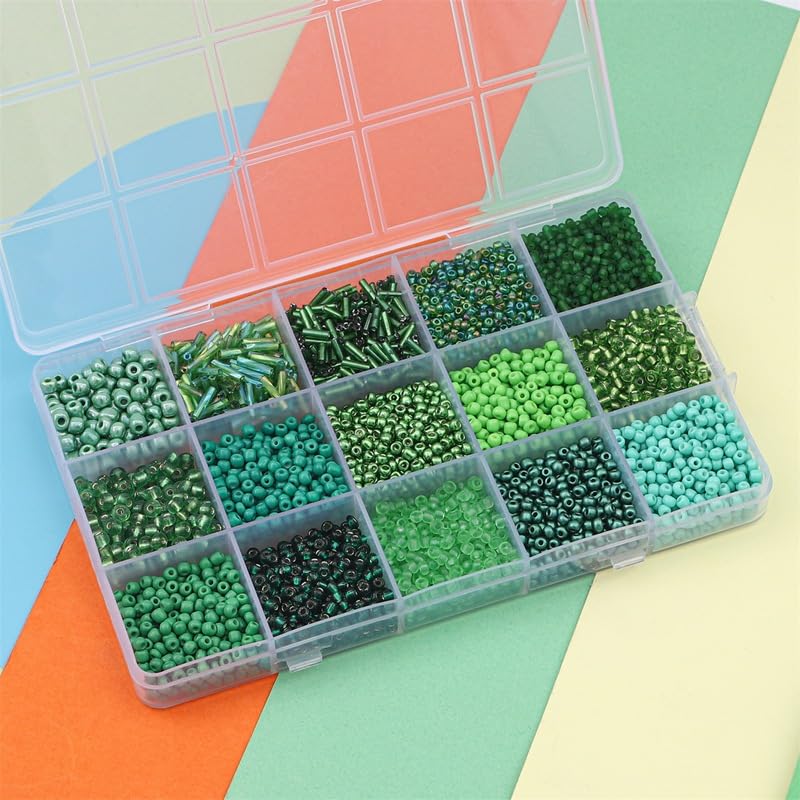 Basigeese Mix 15 Color Glass Seed Beads Tube Beads Glass Bugle Beads Loose Kit for Jewelry Making DIY Craft Beading (Mix 15 Color, Green) - Image 2