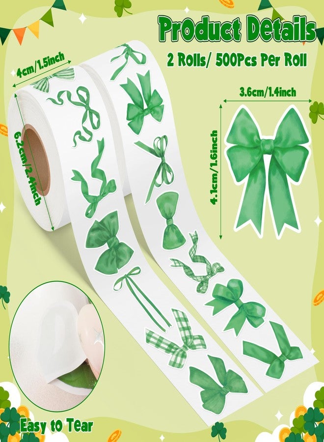 A1diee St Patrick's Day Bow Roll Stickers - 1000Pcs Green Bow Shamrock Waterproof Vinyl Decals, Irish St Patrick's Day Gift Aesthetic Stickers for Laptop Guitar Skateboard Rewards Birthday Party Decor - Image 2