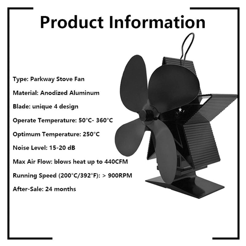 Aluminum Alloy Wood Stove Fan 4 Blade Black Low Noise Heat Powered Energy Saving - Image 5