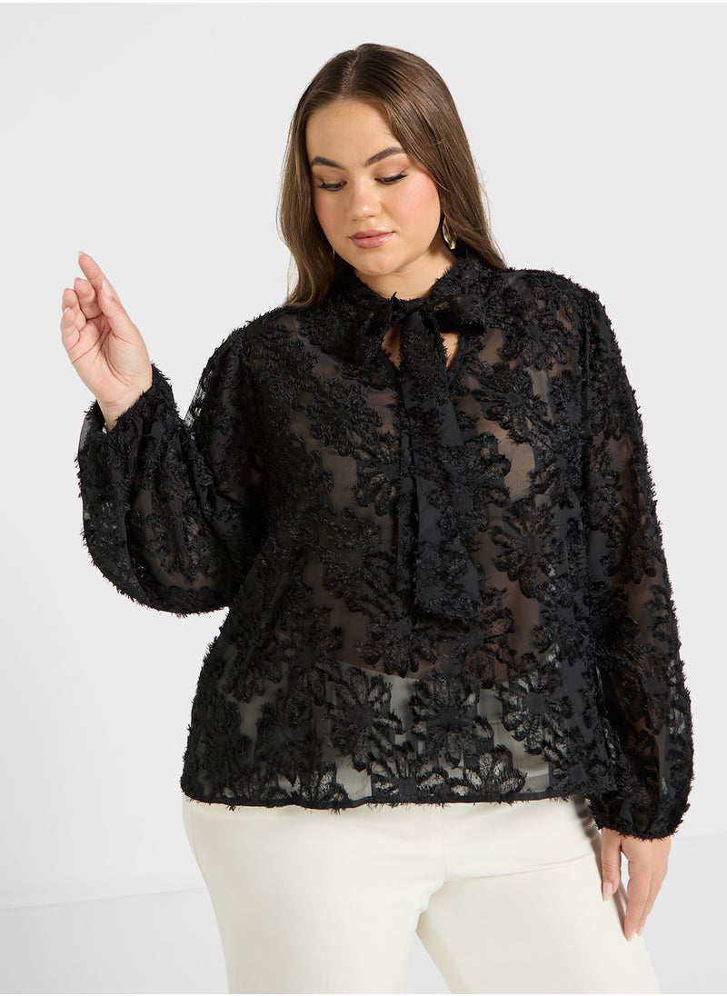 Ella Plus Textured Sheer Top With Tie Detail  - Image 1