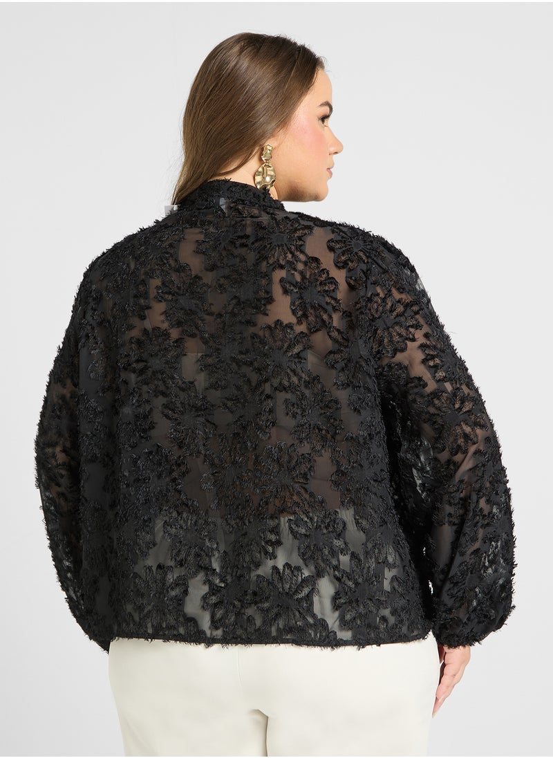 Ella Plus Textured Sheer Top With Tie Detail  - Image 2