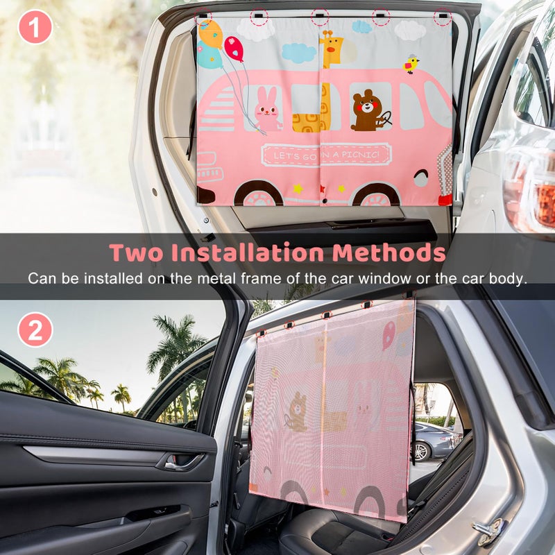 DIZA100 Car Window Shades, 2pcs Magnetic Car Curtains for Side Windows Privacy Full Covers/Half Shade Options, Cute Cartoon Auto Sunshades for Baby Protection Pink - Image 4