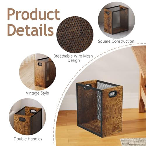 Huxitocan Small Trash Can, Retro Garbage Can With Handle, Iron and Wood Combination Office Trash Can, Industrial Style Design Wastebasket Bin for Bathroom, Laundry Room, Kitchen, Office, Dorm(2.2 Gallon) - Image 3