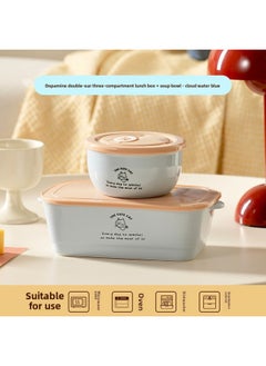 Dopamine Ceramic Lunch Box Microwave Heating Student Party Office Worker Partition Portable Lid Fresh-keeping Bento Box-Specifications:Dopamine Double-ear Three-compartment Rice Lunch Box + Soup Bowl - Cloud Water Blue