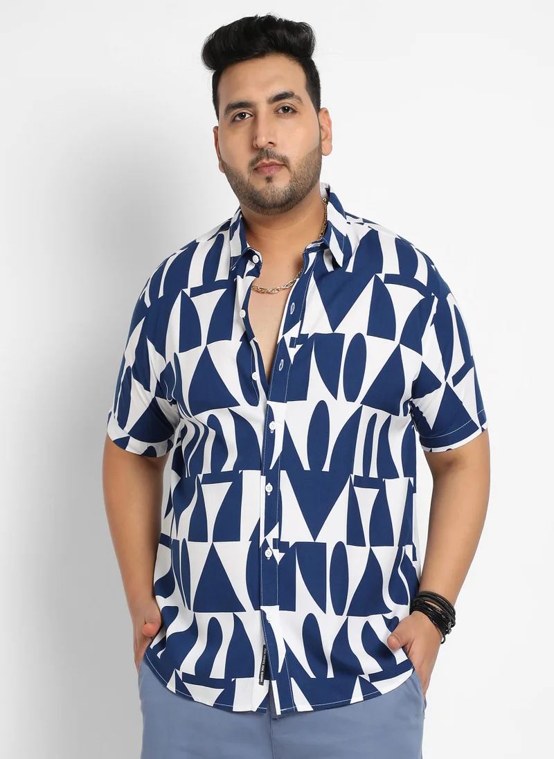 Instafab Plus Men's White & Indigo Blue Geometric Block Shirt