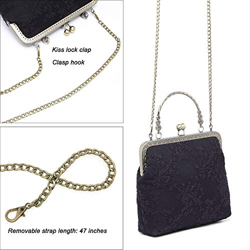 Rejolly Women Vintage Kiss Lock Evening Clutch Purse Top Handle Clasp Handbag Retro 1920s Victorian Lace Bag Black - Image 3