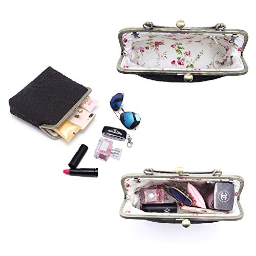 Rejolly Women Vintage Kiss Lock Evening Clutch Purse Top Handle Clasp Handbag Retro 1920s Victorian Lace Bag Black - Image 5