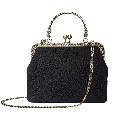 Rejolly Women Vintage Kiss Lock Evening Clutch Purse Top Handle Clasp Handbag Retro 1920s Victorian Lace Bag Black - Image 1