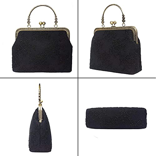 Rejolly Women Vintage Kiss Lock Evening Clutch Purse Top Handle Clasp Handbag Retro 1920s Victorian Lace Bag Black - Image 4