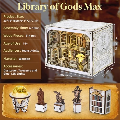 CCCDF DIY Book Nook Kit DIY Miniature Dollhouse Booknook Kit 3D Wooden Puzzle Bookend Bookshelf Insert Decor with LED Light for Adults Library of Gods Max - Image 5