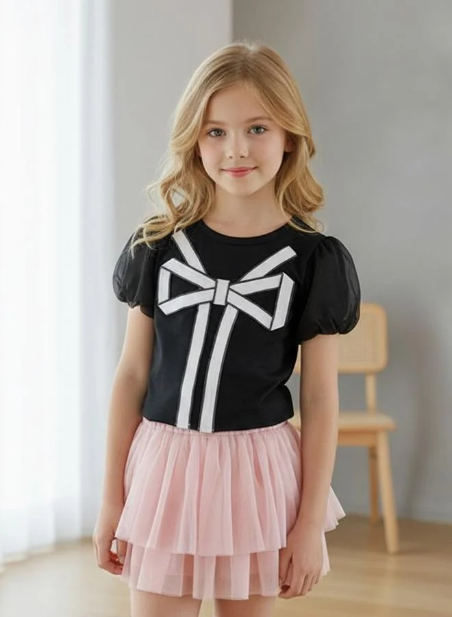Take Two Bow Print Round Neck Puff Sleeve Top