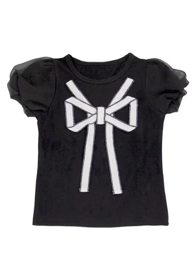 Take Two Black Bow Print Round Neck Puff Sleeve Top for Women | Best Price UAE