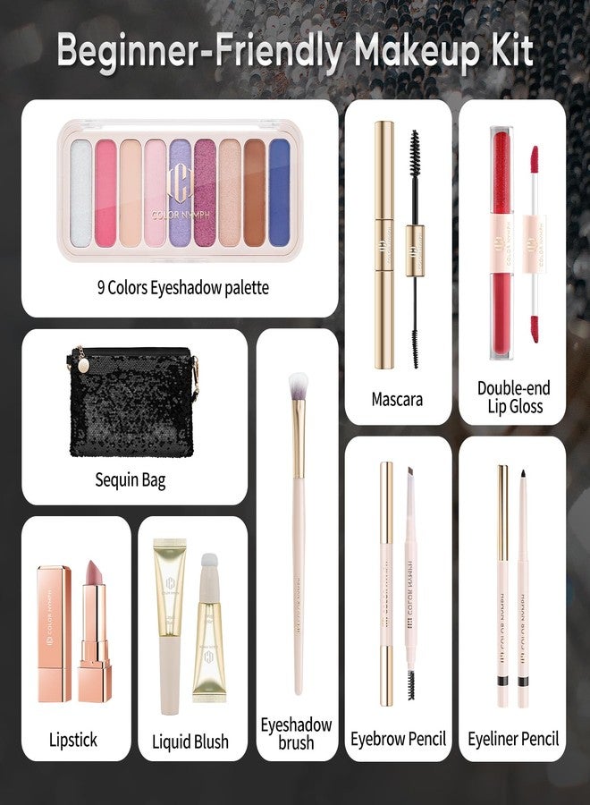 Color Nymph All in One Makeup Kit for Women & Girls, Cosmetics Gift Set with Sequin Shoulder Bag Includes Eyeshadow Palette, Lip Gloss, Lipstick, Liquid Blush, Eyeliner, Eyebrow pencil, Mascara, Brush - Image 2