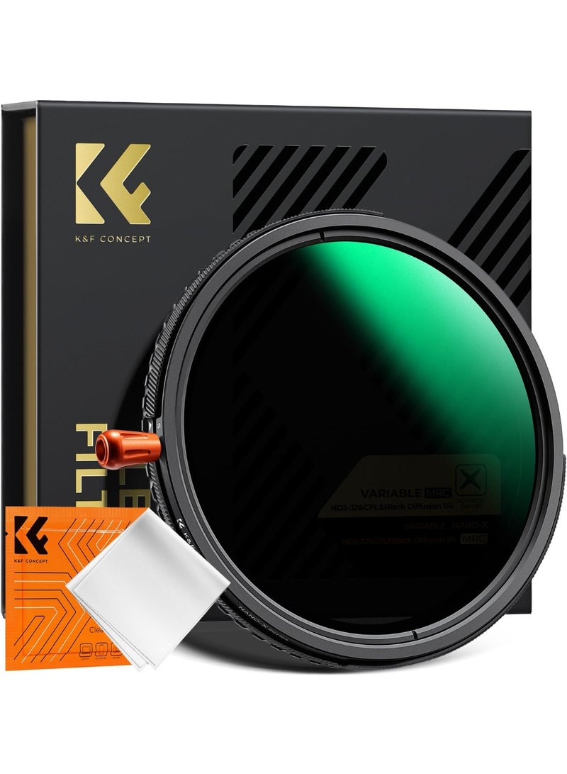 K&F Concept فلتر نانو-إكسل 67MM المتغير ND2-32 & بلاك-ميست 1/4 & بولارايزر 3 في 1، ND2-32 كثافة محايدة & CPL & فلتر تشتت أسود 1/4 مع قطعة قماش للتنظيف - Image 1